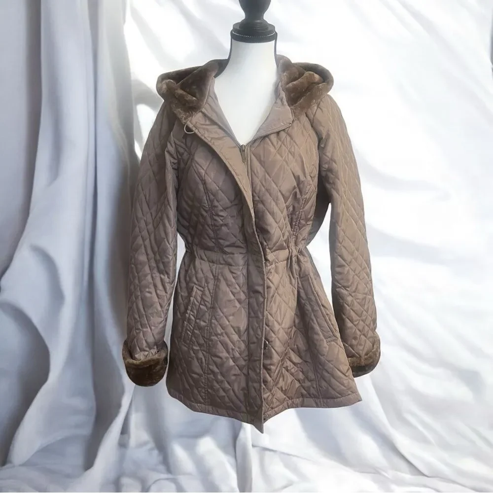 Dennis Basso Cinch Waist Quilted Anorak Coat with Faux Fur Trim Size Small